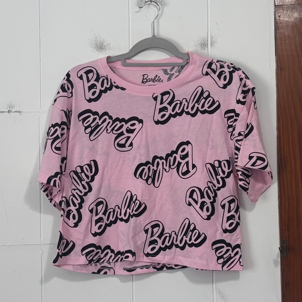 Barbie Hybrid Apparel Pink All Over Logo Print Cropped Graphic T-Shirt Small